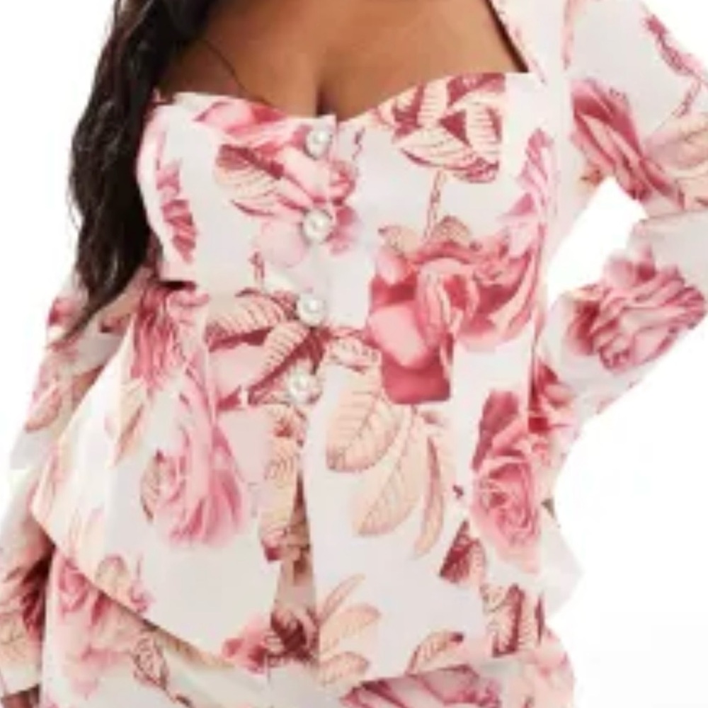 Elegant Pink Floral Blazer, has matching pants that are sold separately